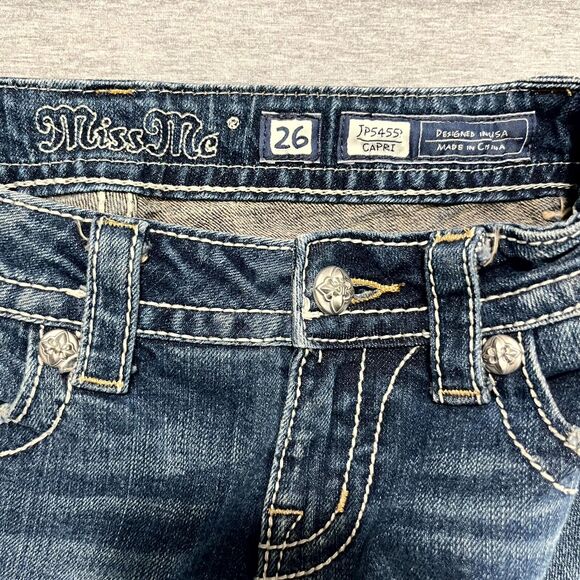 Miss Me Women Jeans 26x22 Blue Low-Rise Fleur-de-Lis Pockets Stretch Denim Capri - Picture 4 of 11